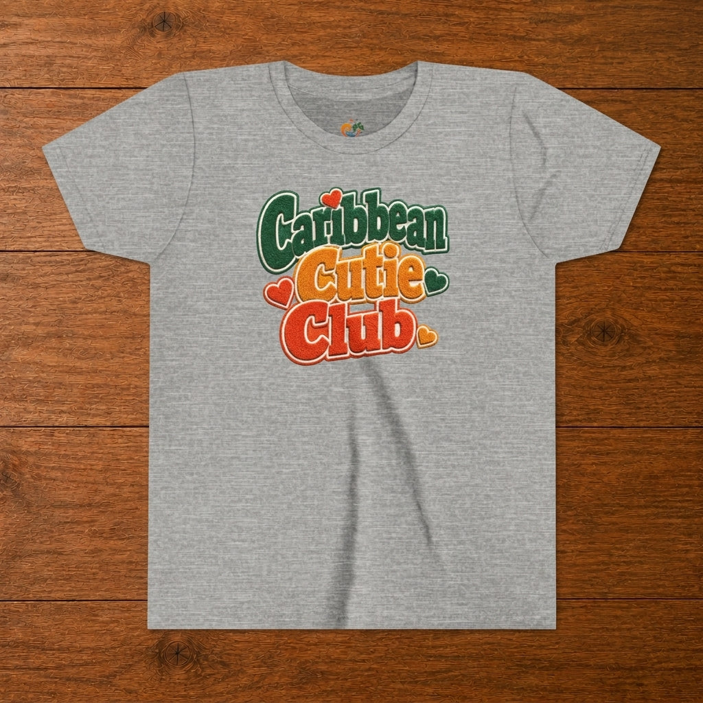 Youth shirt with Caribbean Cutie Club graphic in colorful retro lettering and heart accents.