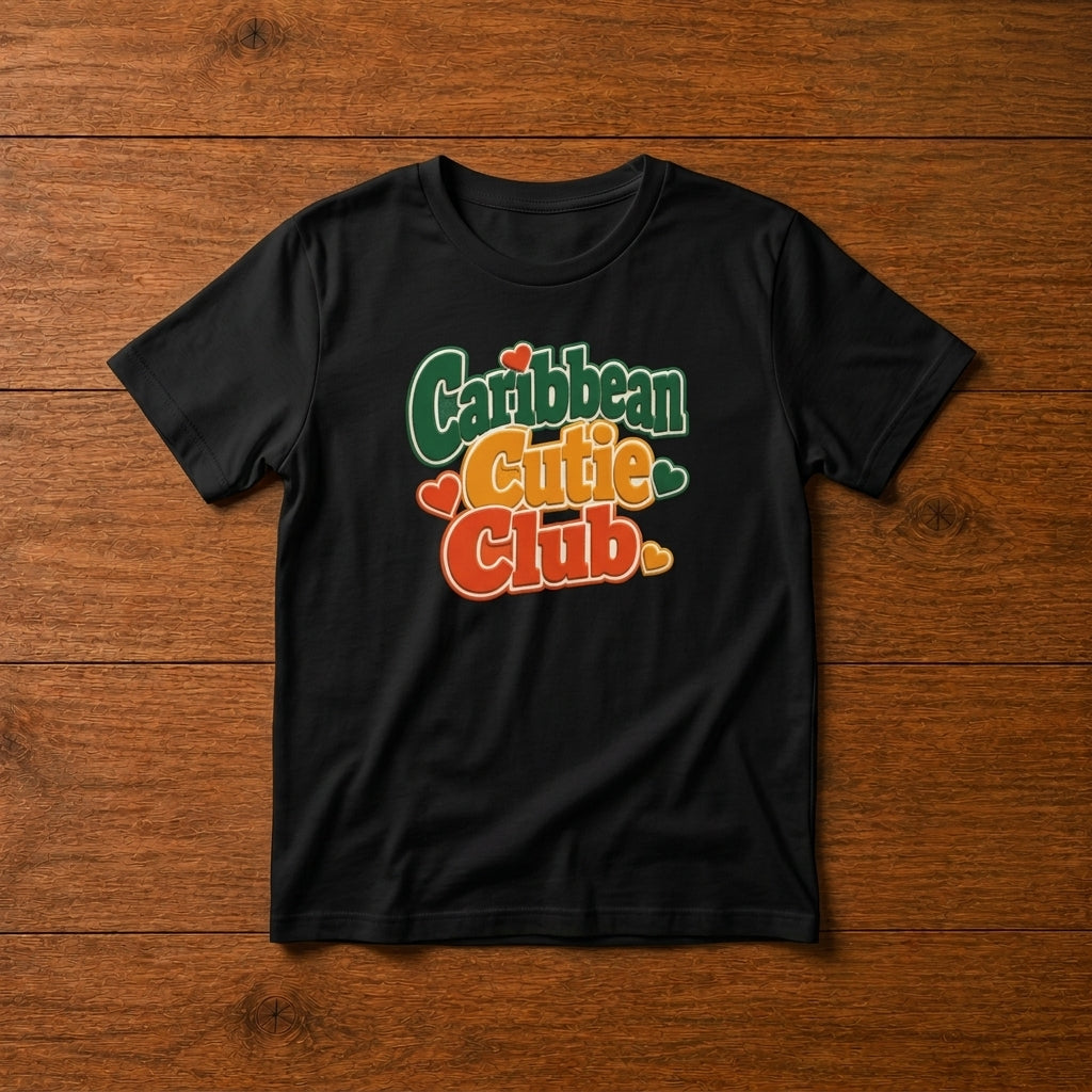 Youth shirt with Caribbean Cutie Club graphic in colorful retro lettering and heart accents.