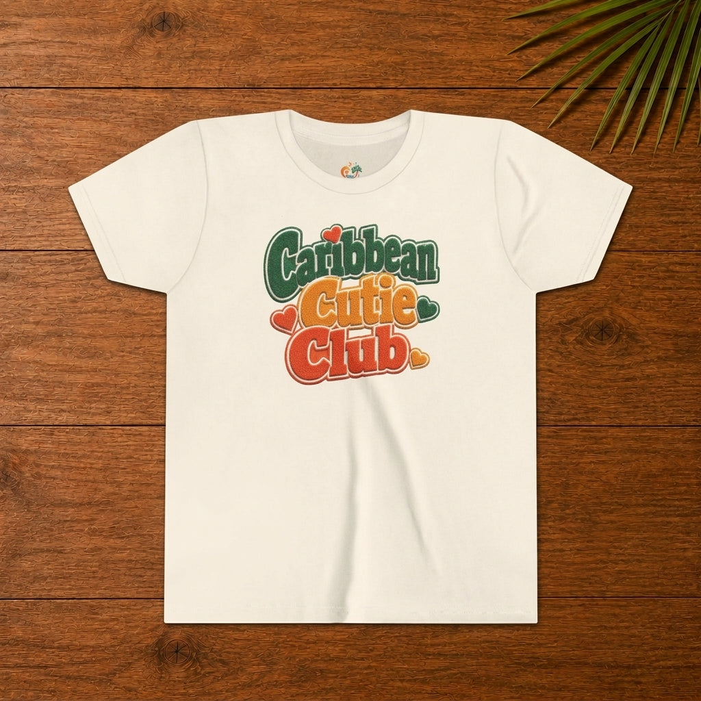 Youth shirt with Caribbean Cutie Club graphic in colorful retro lettering and heart accents.