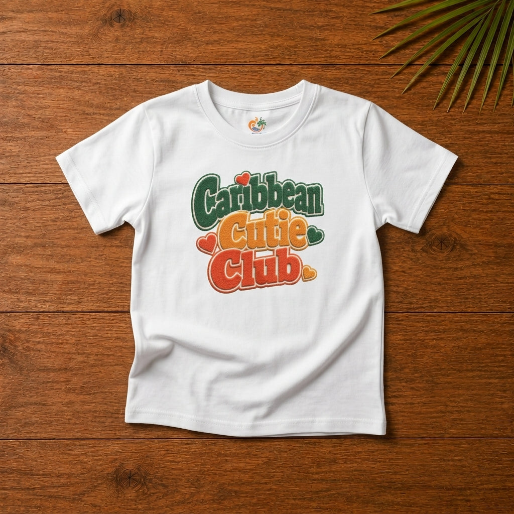 Youth shirt with Caribbean Cutie Club graphic in colorful retro lettering and heart accents.