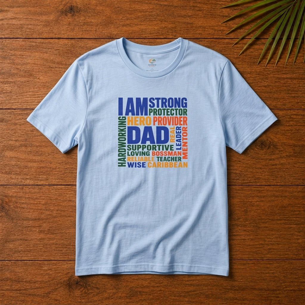 Caribbean Dad graphic baby blue t-shirt with colorful word cloud design featuring strong, protector, provider, supportive and wise.