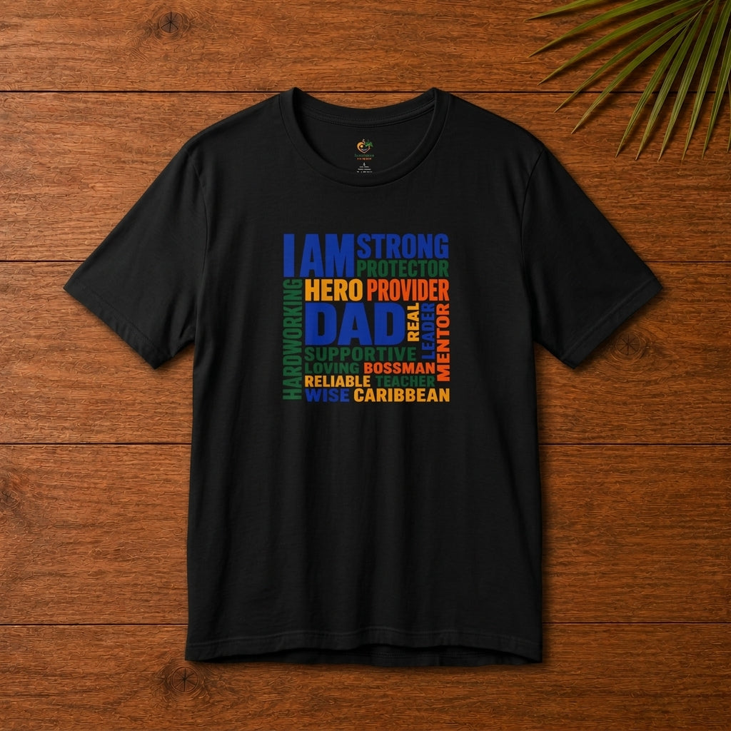 Caribbean Dad graphic black t-shirt with colorful word cloud design featuring strong, protector, provider, supportive and wise.