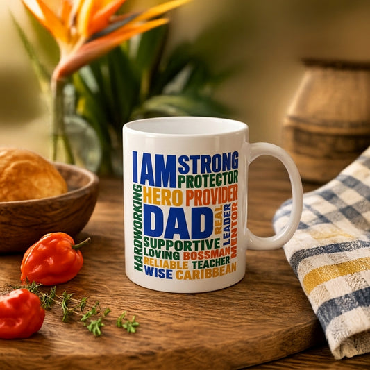 Caribbean Dad Appreciation ceramic mug with colorful I Am Dad word cloud design.