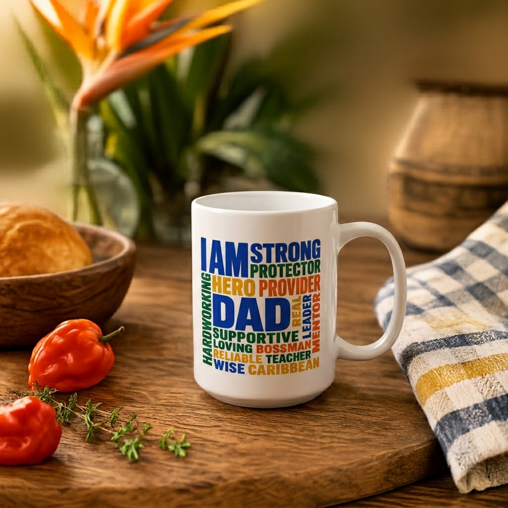 Caribbean Dad Appreciation ceramic mug with colorful I Am Dad word cloud design.