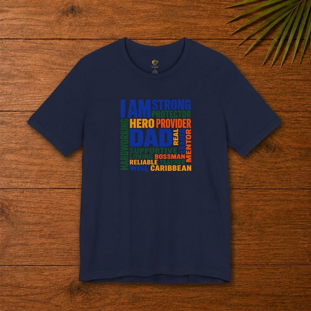 Caribbean Dad graphic navy t-shirt with colorful word cloud design featuring strong, protector, provider, supportive and wise.