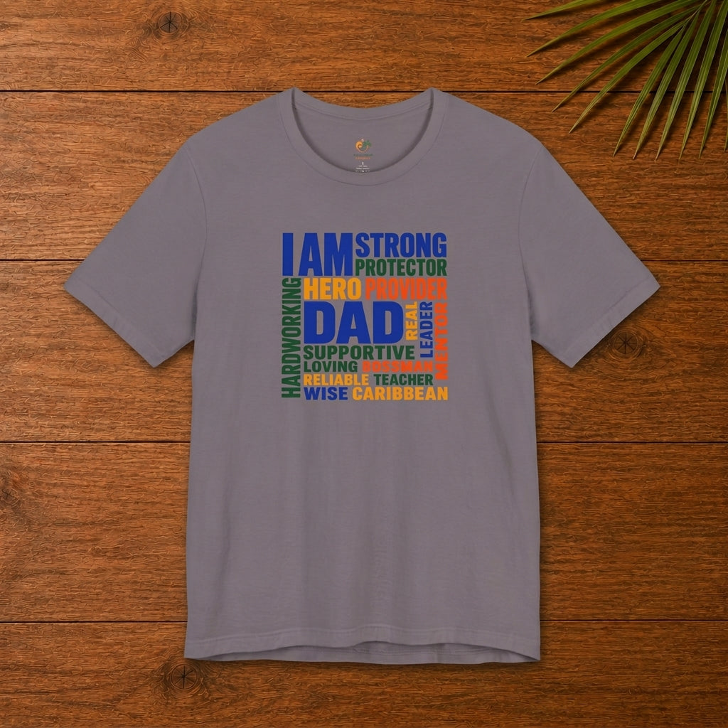 Caribbean Dad graphic storm t-shirt with colorful word cloud design featuring strong, protector, provider, supportive and wise.