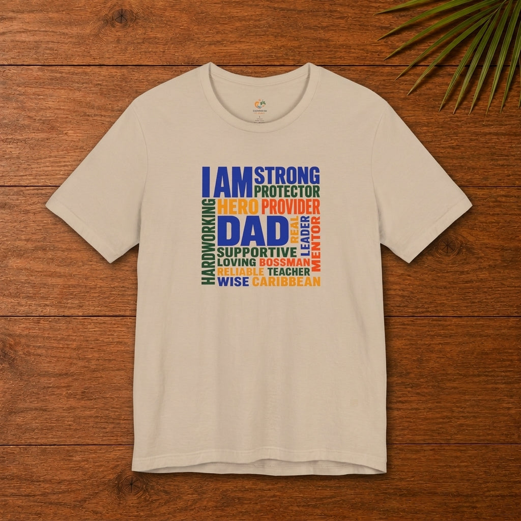 Caribbean Dad graphic tan t-shirt with colorful word cloud design featuring strong, protector, provider, supportive and wise.