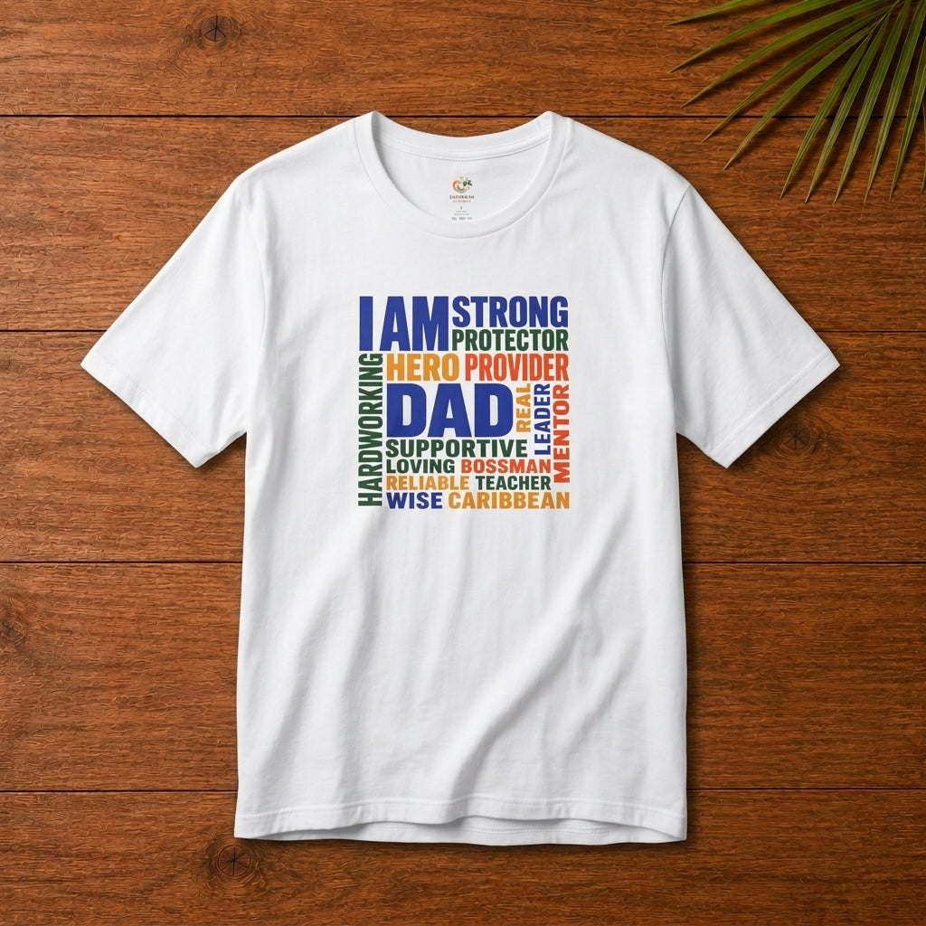 Caribbean Dad graphic white t-shirt with colorful word cloud design featuring strong, protector, provider, supportive and wise.