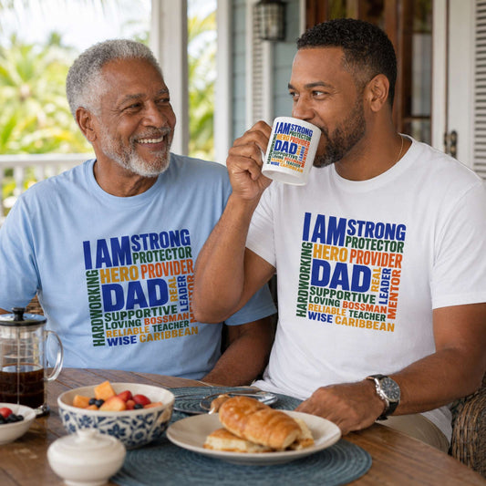 Caribbean Dad Appreciation ceramic mug with colorful I Am Dad word cloud design.