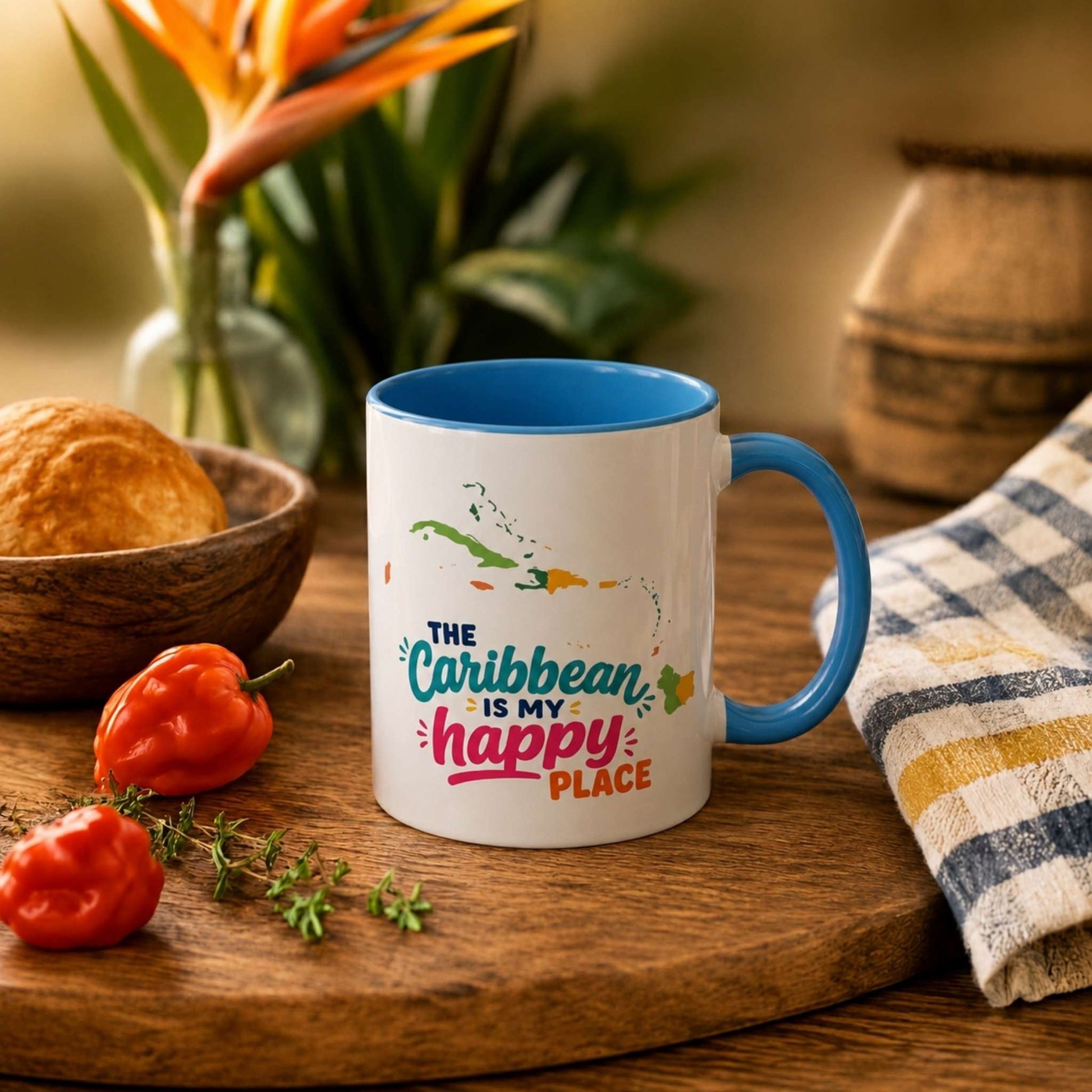 Caribbean Happy Place accent mug with The Caribbean is my happy place design and blue interior.