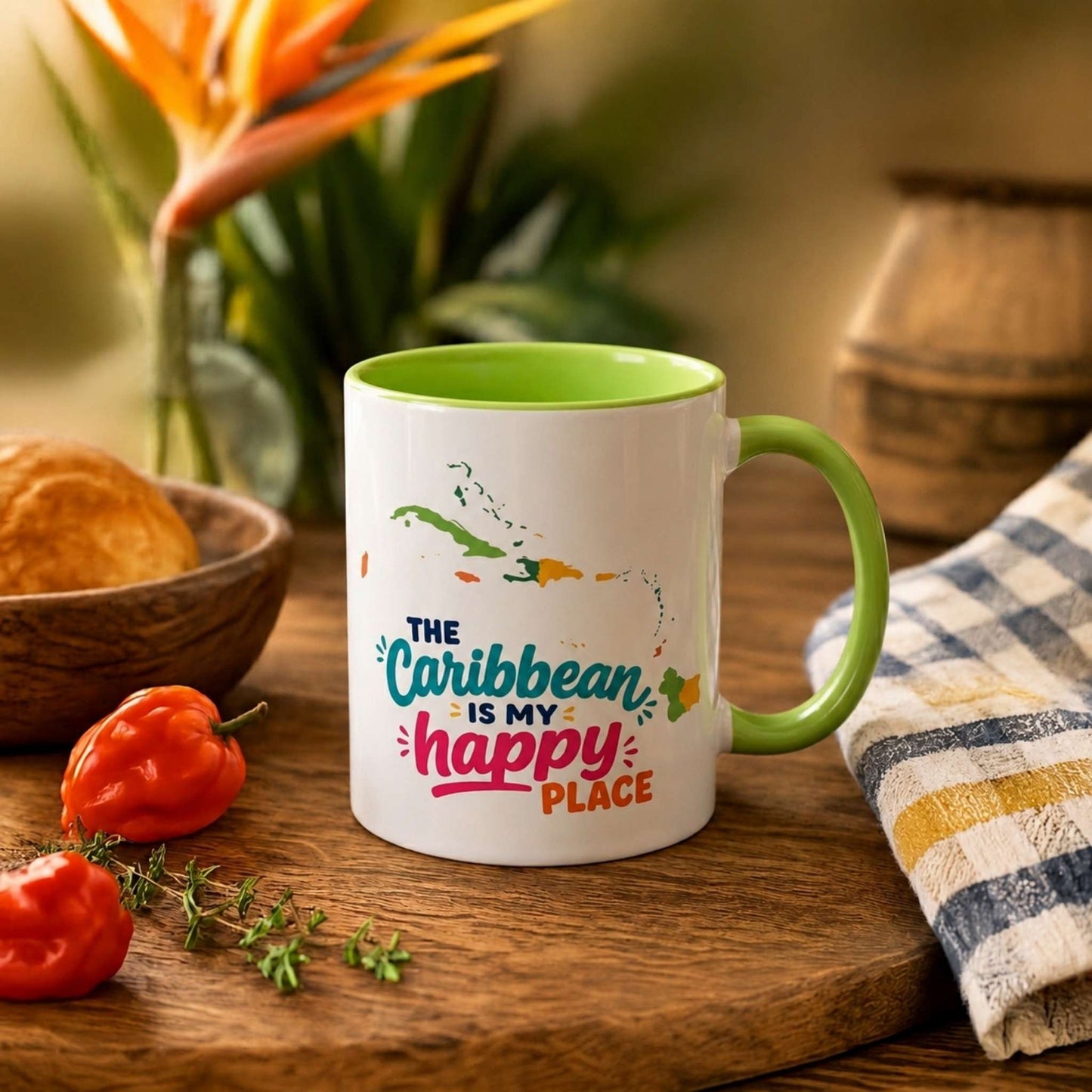 Caribbean Happy Place accent mug with The Caribbean is my happy place design and light green interior.