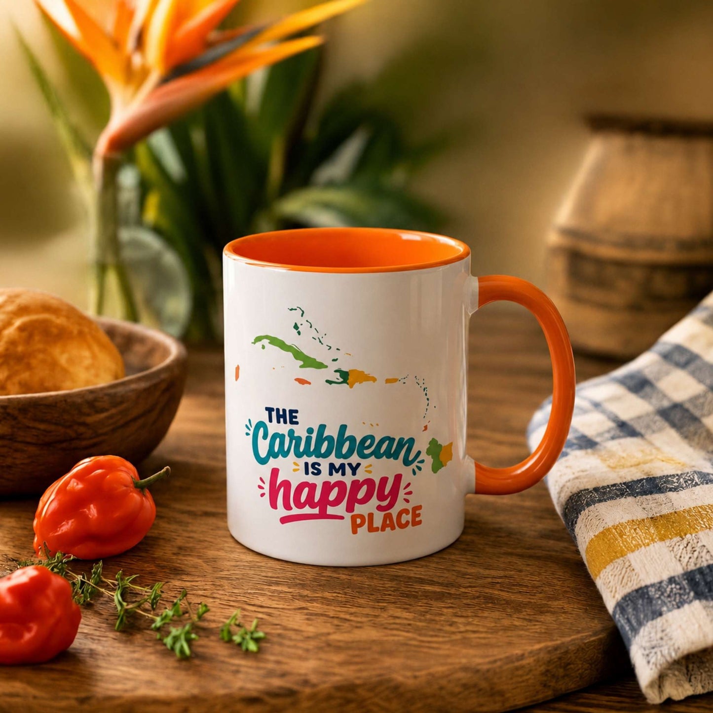 Caribbean Happy Place accent mug with The Caribbean is my happy place design and orange interior.