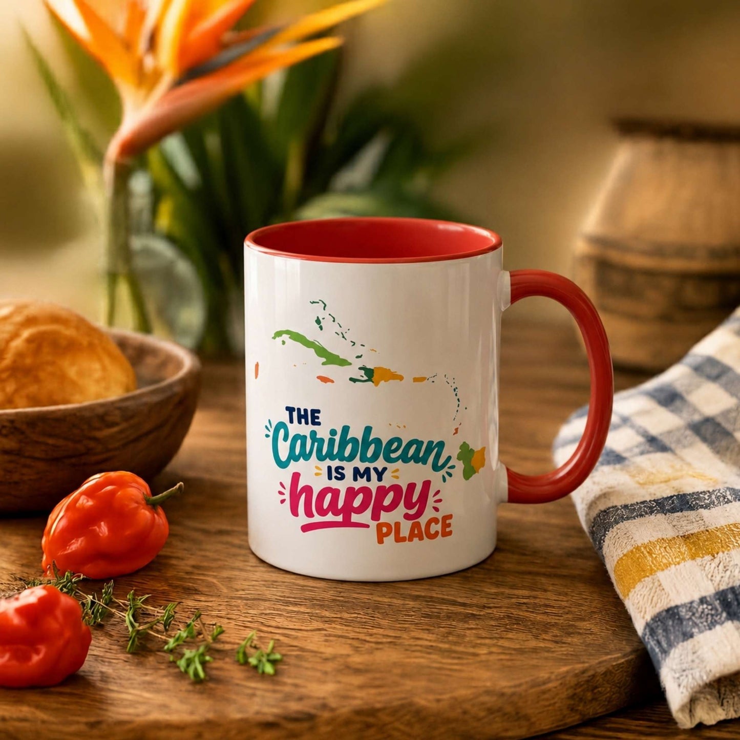 Caribbean Happy Place accent mug with The Caribbean is my happy place design and red interior.