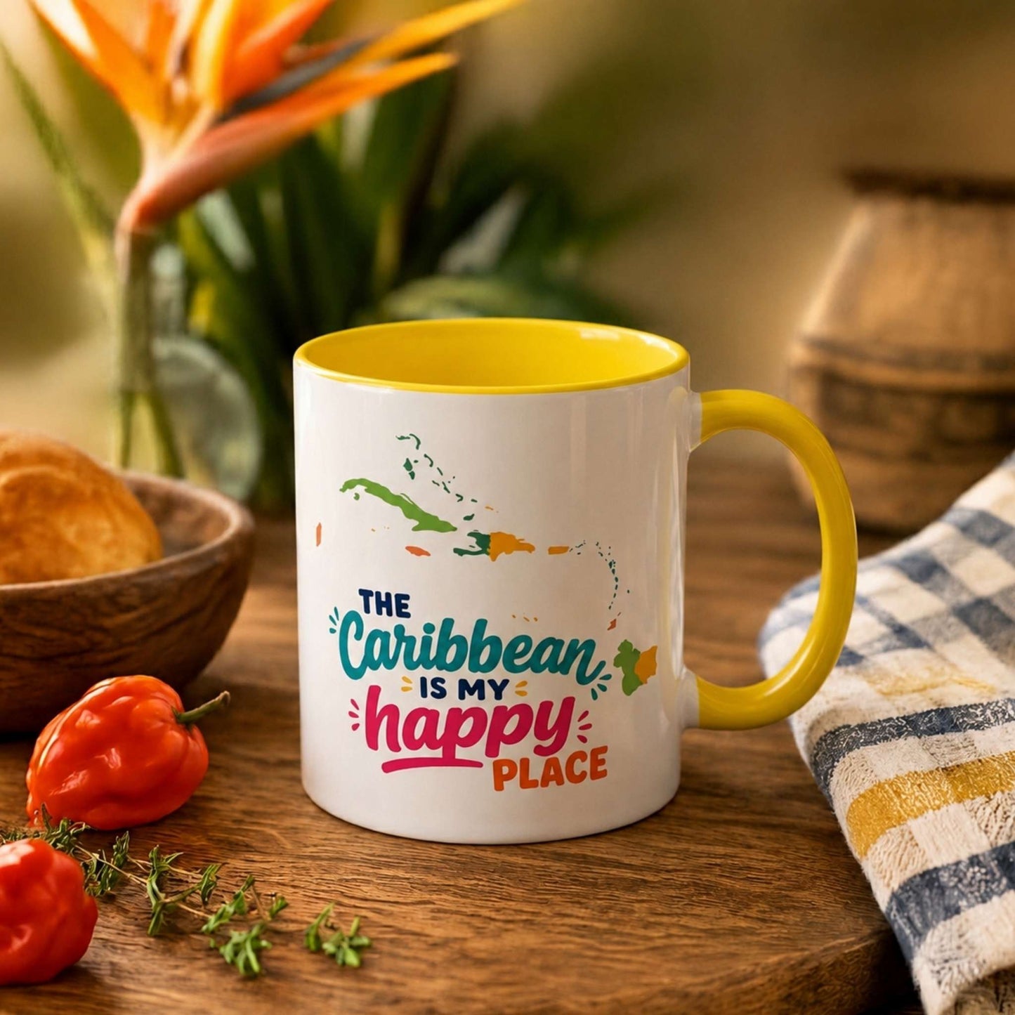 Caribbean Happy Place accent mug with The Caribbean is my happy place design and yellow interior.