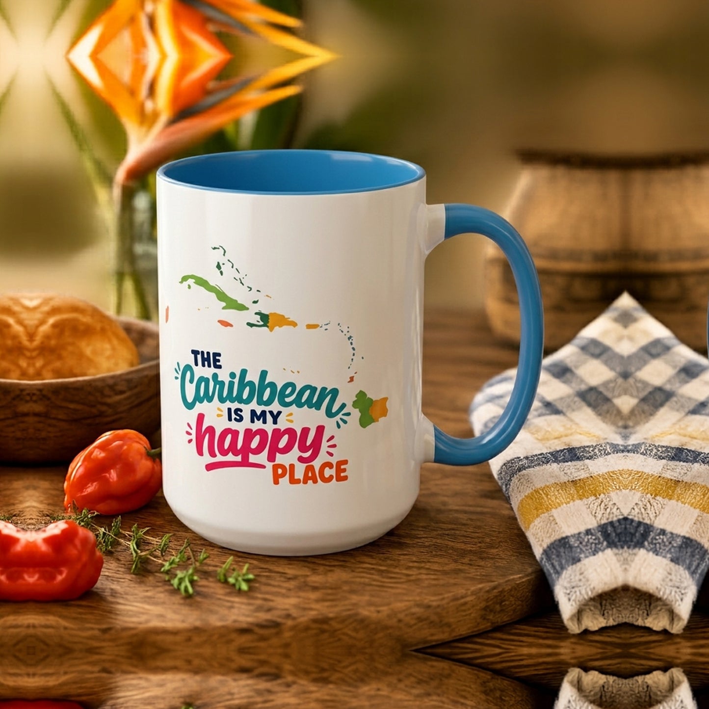 Caribbean Happy Place accent mug with The Caribbean is my happy place design and blue interior.