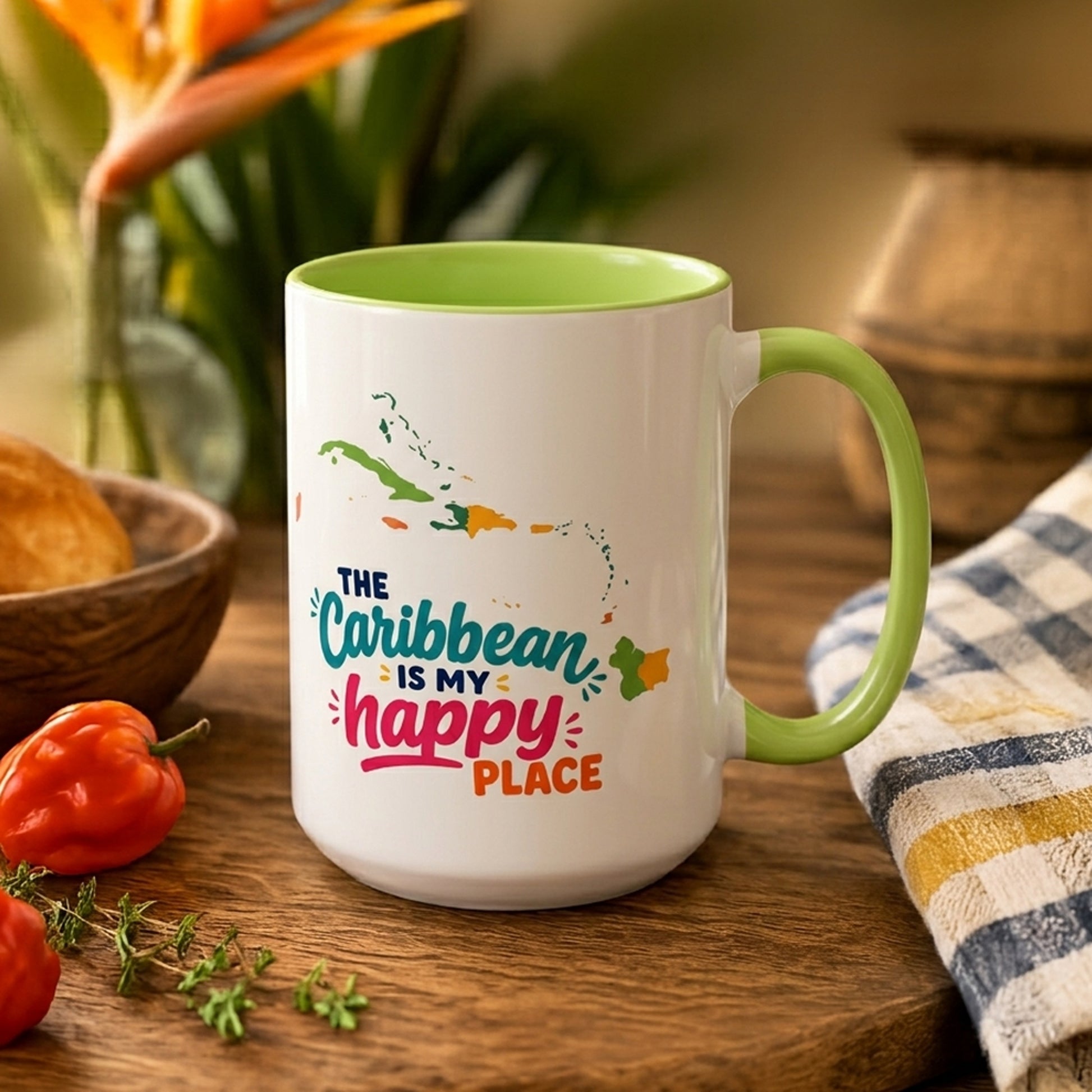 Caribbean Happy Place accent mug with The Caribbean is my happy place design and light green interior.