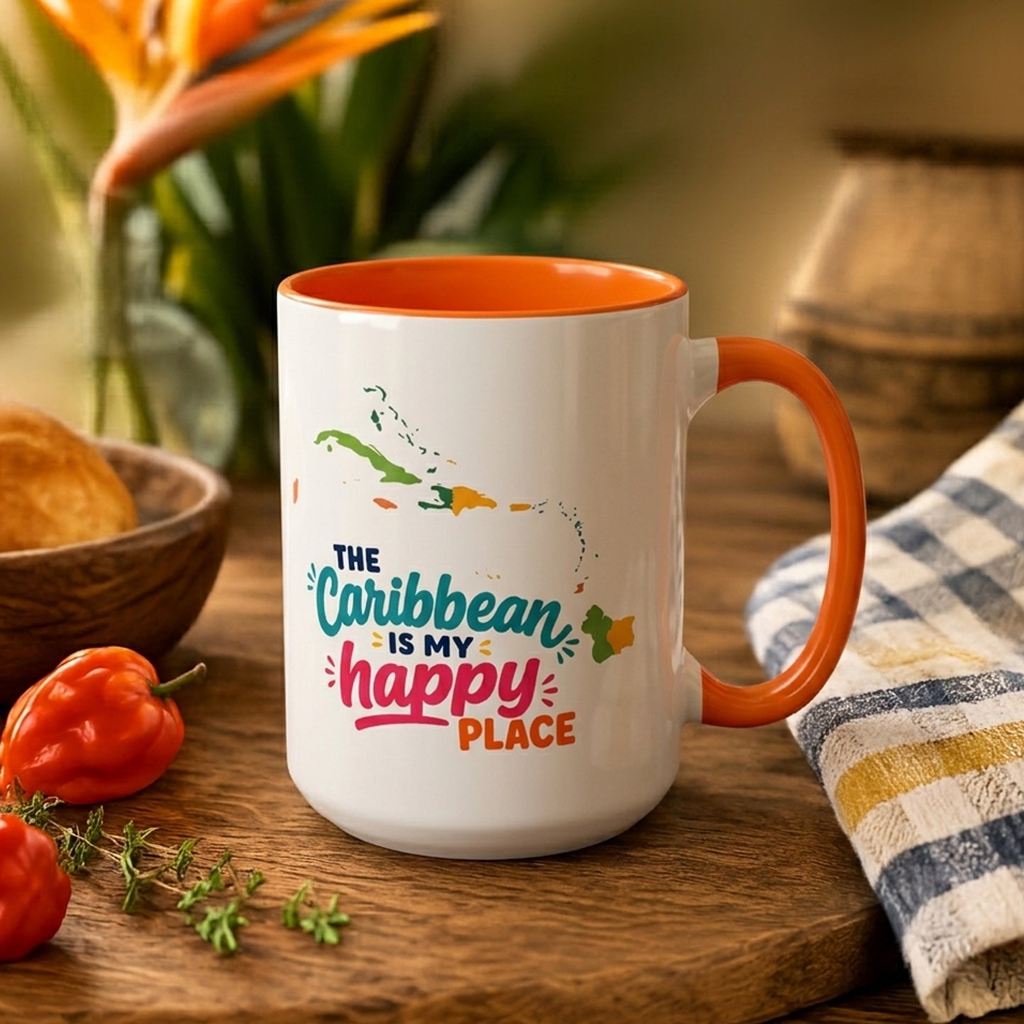 Caribbean Happy Place accent mug with The Caribbean is my happy place design and orange interior.