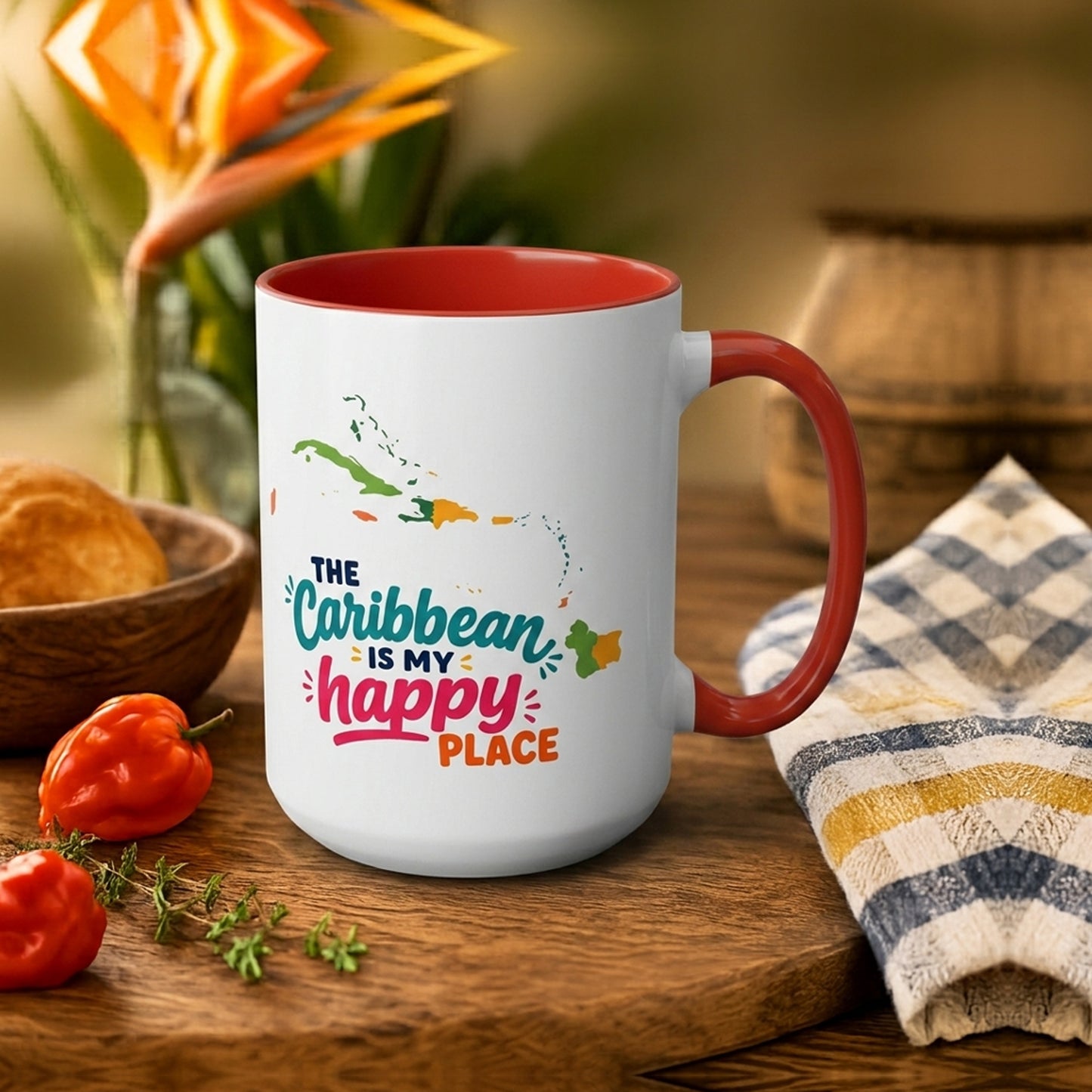 Caribbean Happy Place accent mug with The Caribbean is my happy place design and red interior.