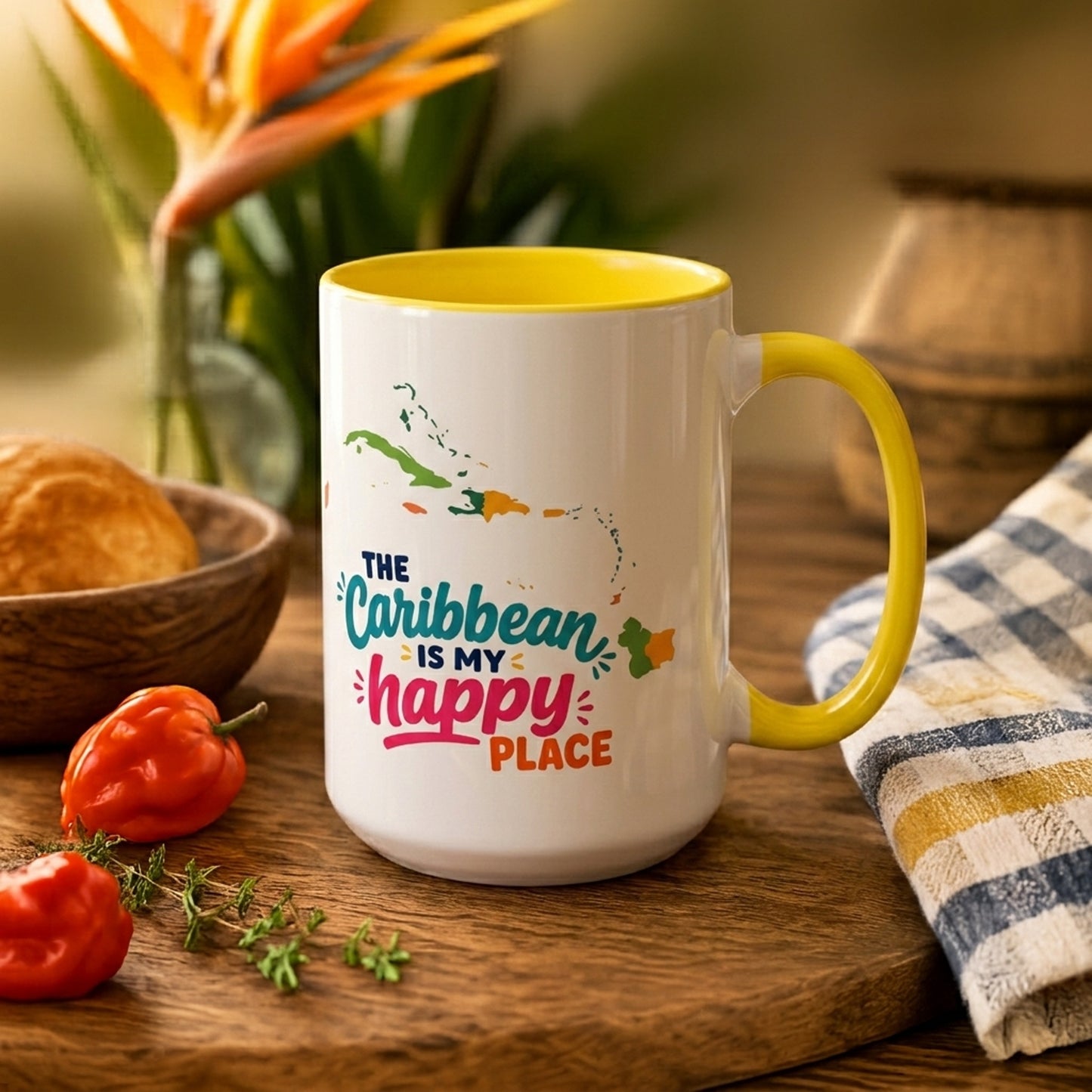 Caribbean Happy Place accent mug with The Caribbean is my happy place design and yellow interior.