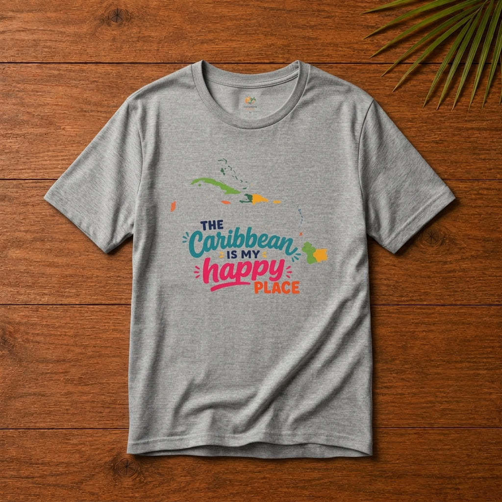 Adult unisex shirt with The Caribbean is my happy place graphic for matching Caribbean family outfits.