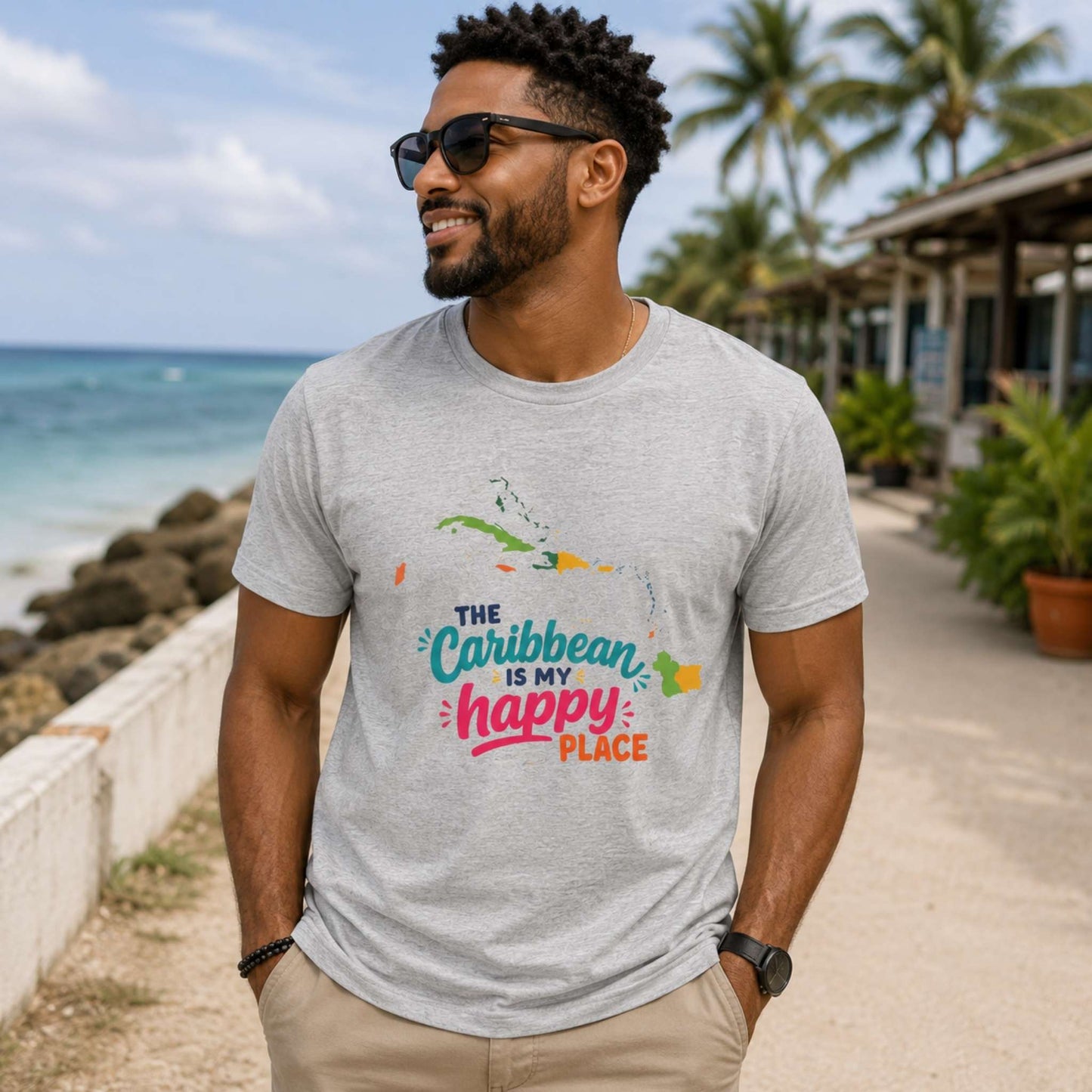 Adult unisex shirt with The Caribbean is my happy place graphic for matching Caribbean family outfits.
