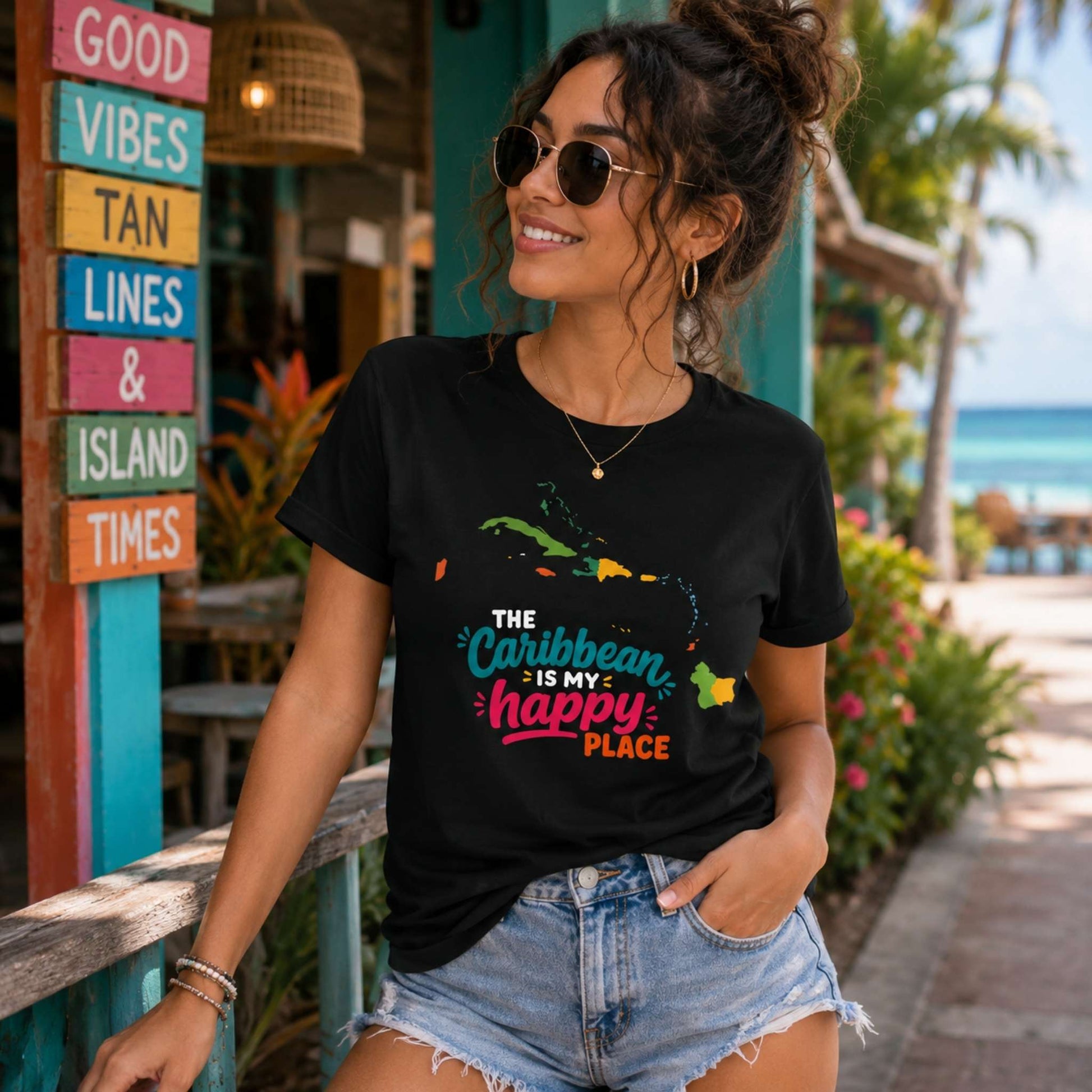 Adult unisex shirt with The Caribbean is my happy place graphic for matching Caribbean family outfits.