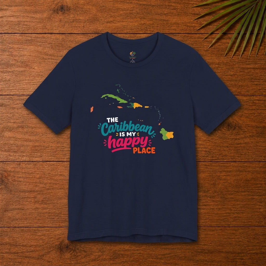 Adult unisex shirt with The Caribbean is my happy place graphic for matching Caribbean family outfits.