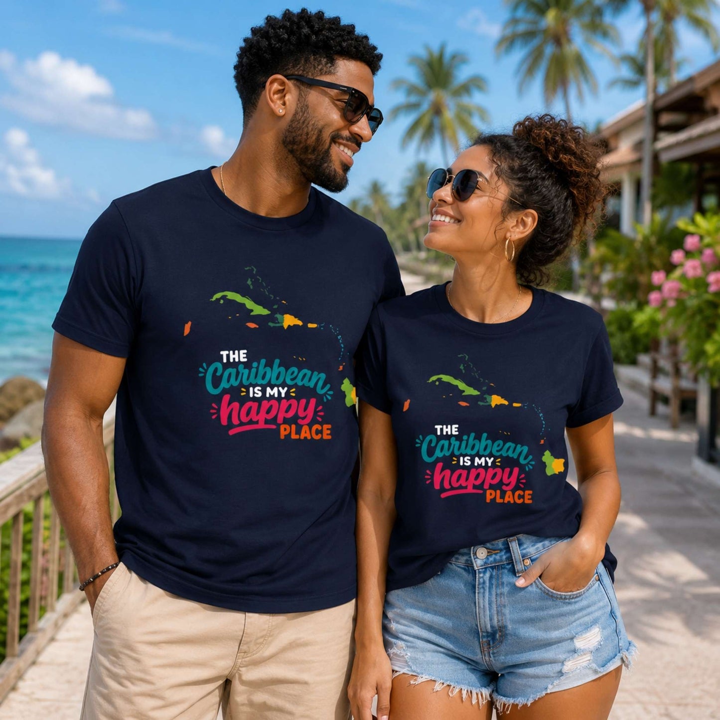 Adult unisex shirt with The Caribbean is my happy place graphic for matching Caribbean family outfits.