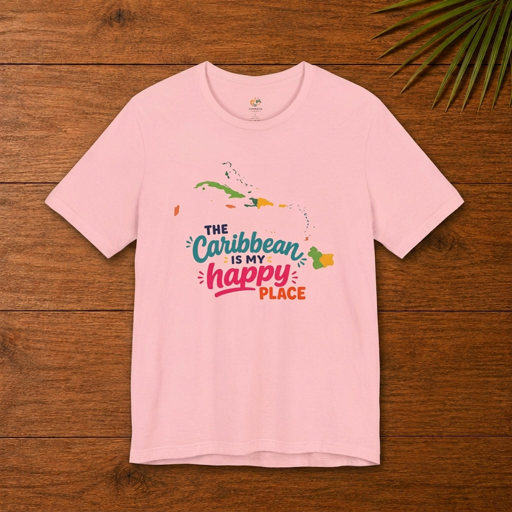 Adult unisex shirt with The Caribbean is my happy place graphic for matching Caribbean family outfits.