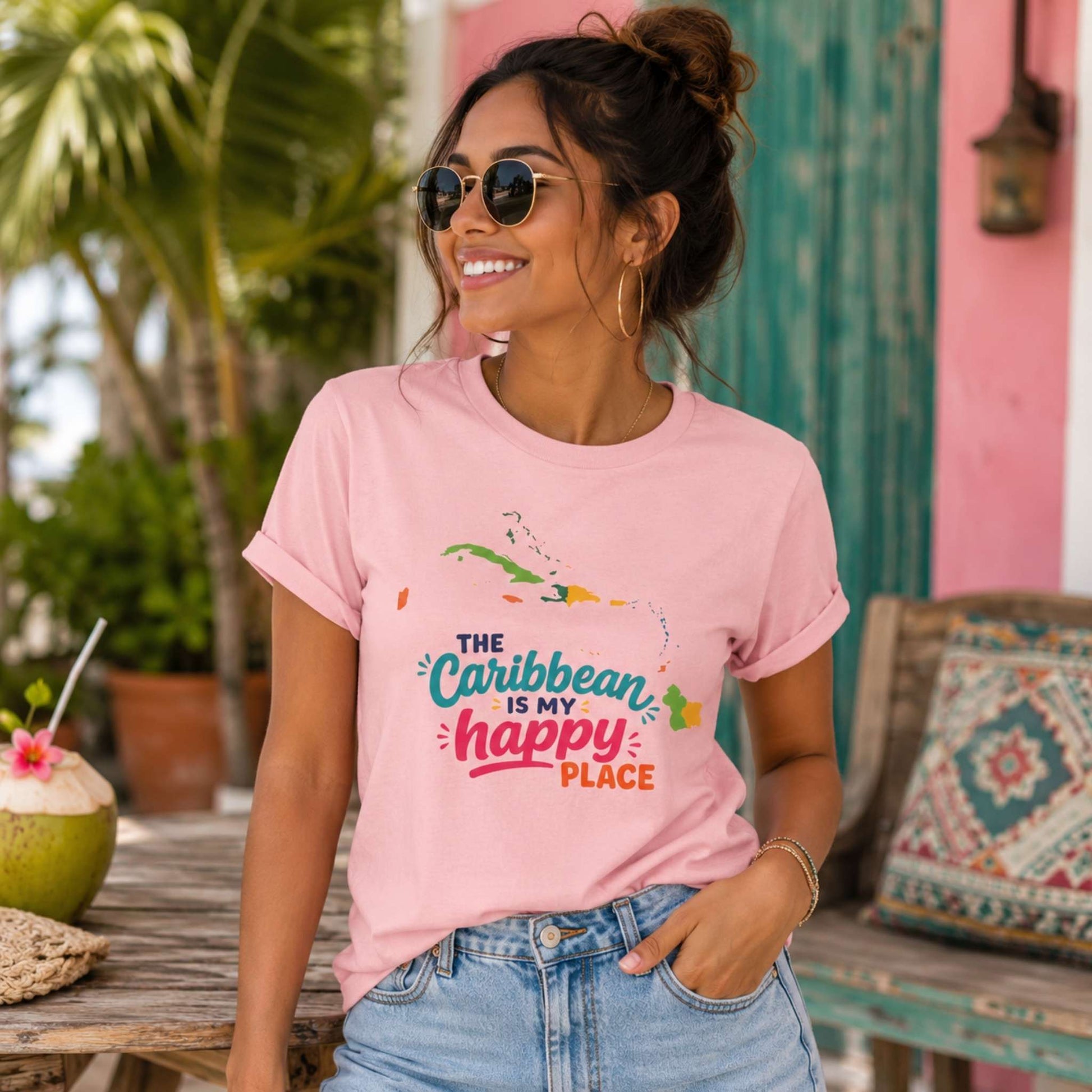 Adult unisex shirt with The Caribbean is my happy place graphic for matching Caribbean family outfits.