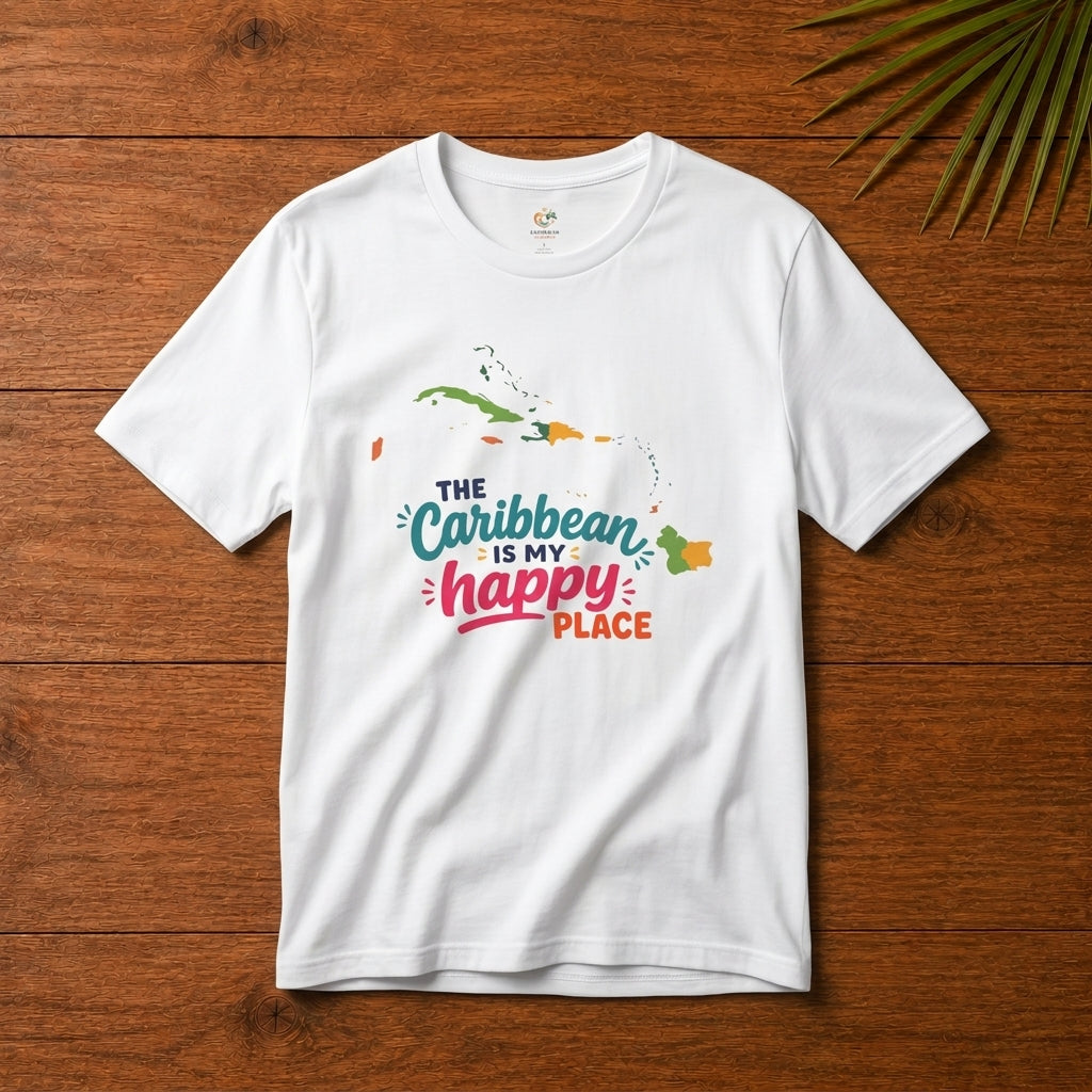 Adult unisex shirt with The Caribbean is my happy place graphic for matching Caribbean family outfits.