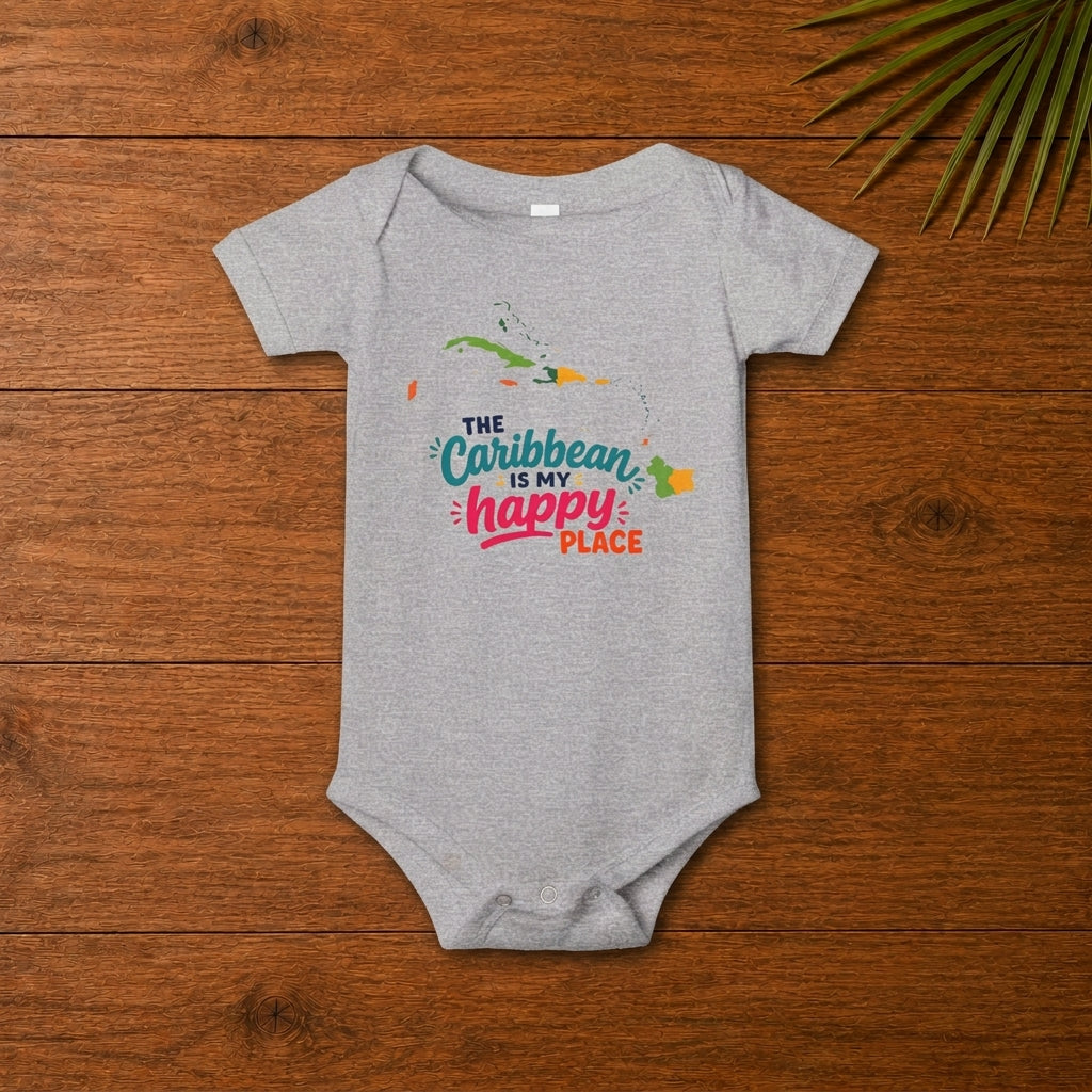 Baby bodysuit with The Caribbean is my happy place design in colorful island-inspired lettering.