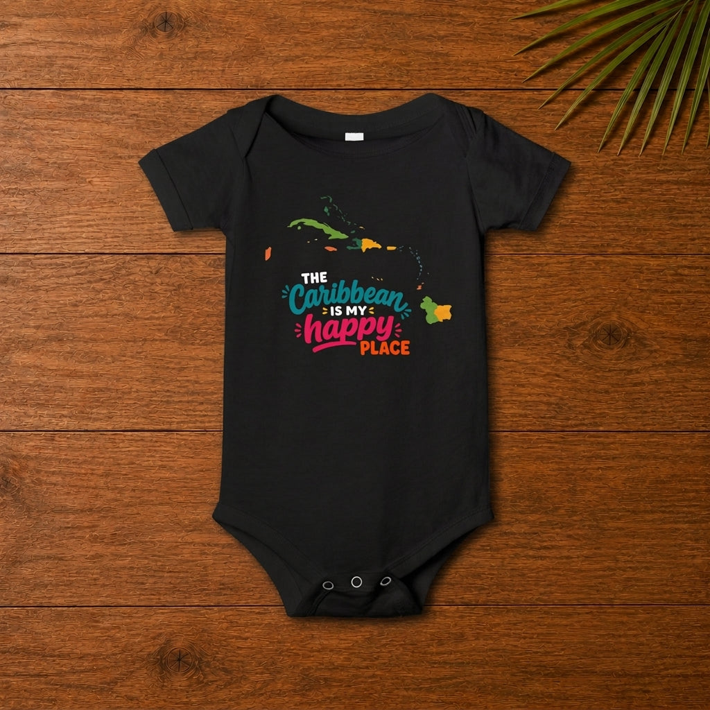 Baby bodysuit with The Caribbean is my happy place design in colorful island-inspired lettering.