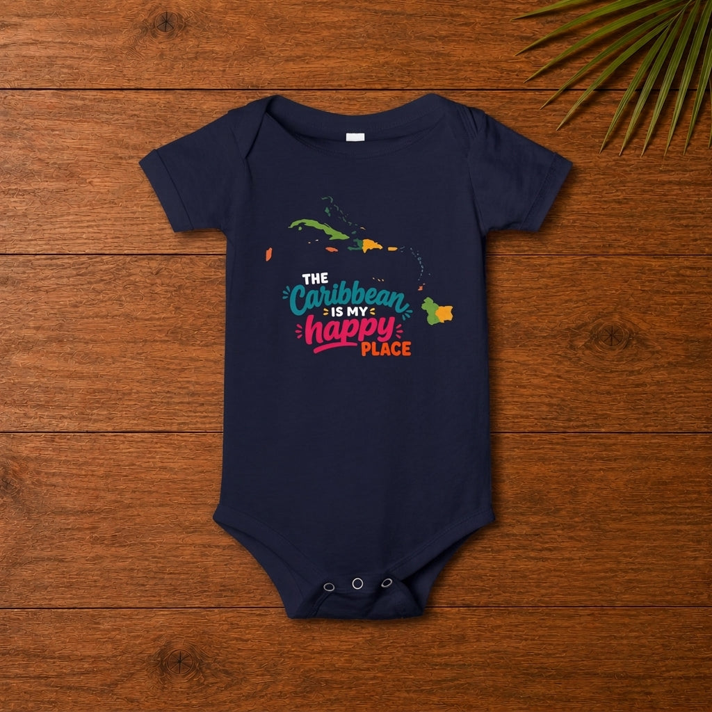 Baby bodysuit with The Caribbean is my happy place design in colorful island-inspired lettering.