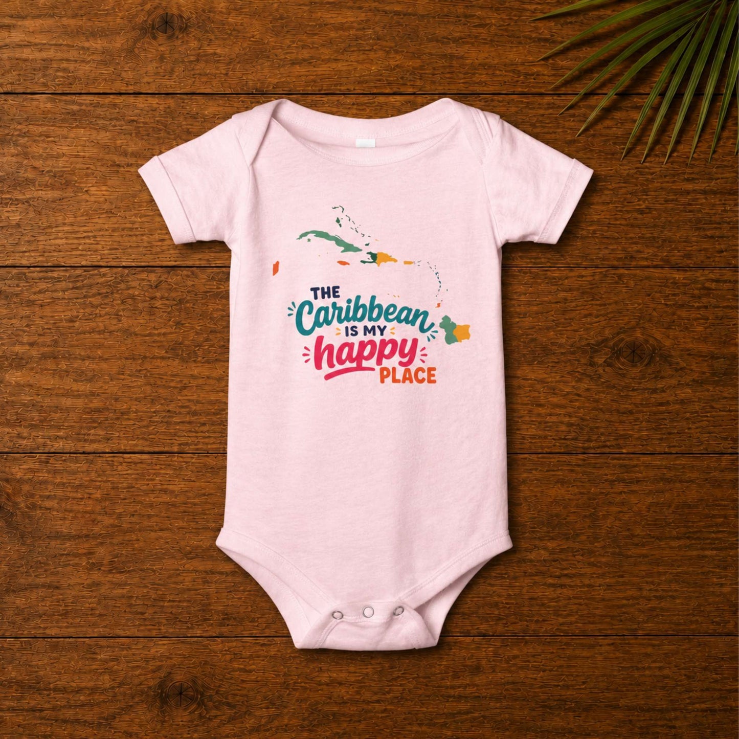 Baby bodysuit with The Caribbean is my happy place design in colorful island-inspired lettering.
