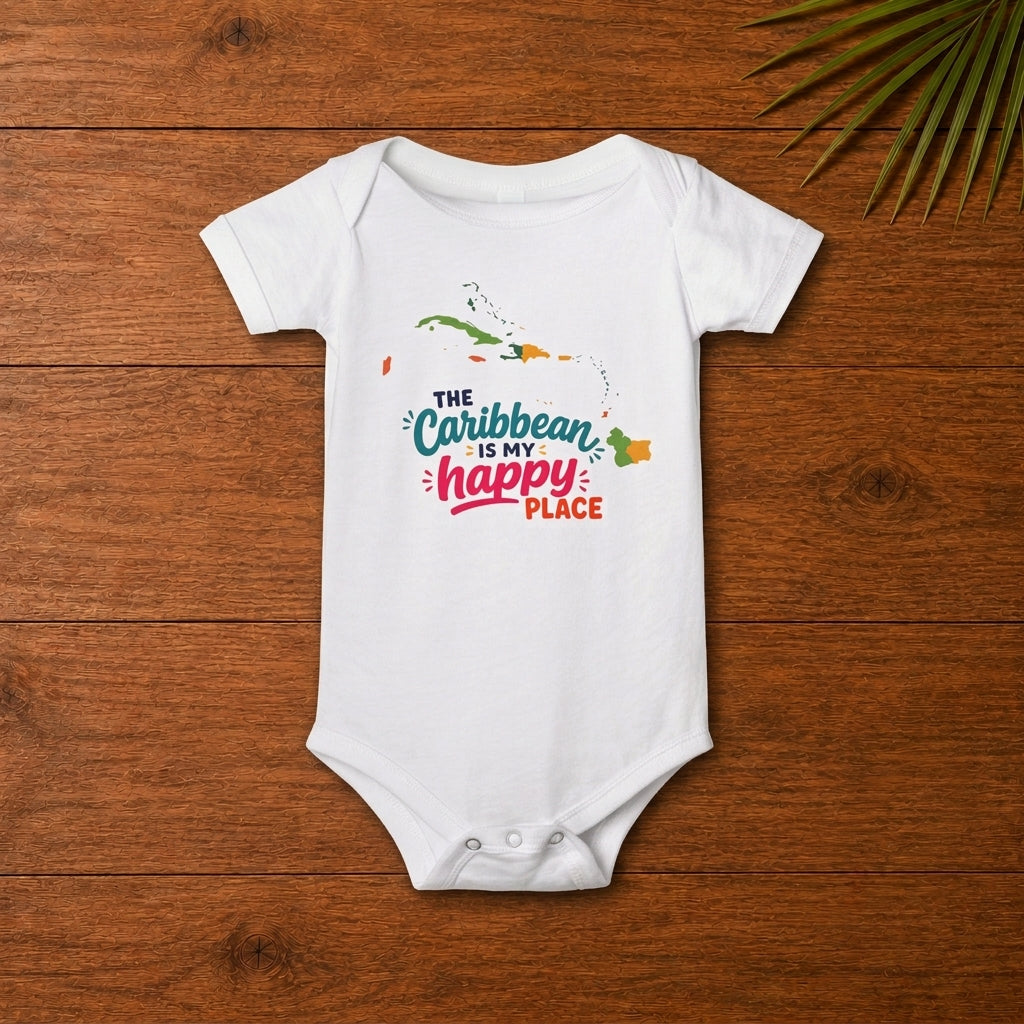 Baby bodysuit with The Caribbean is my happy place design in colorful island-inspired lettering.
