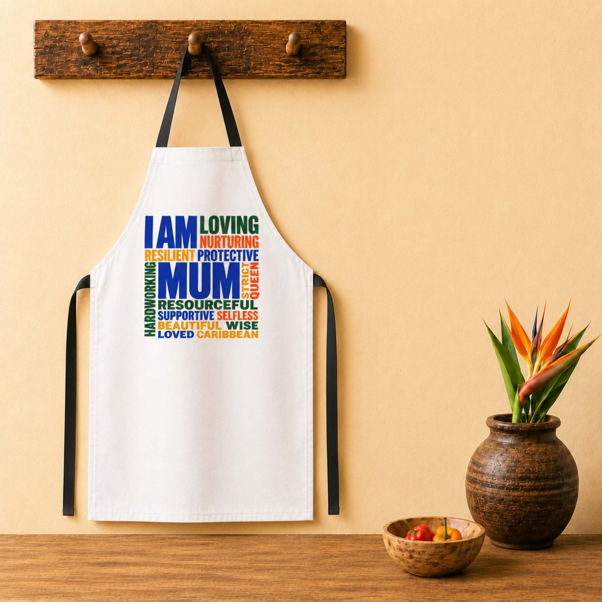 Cool Caribbean Mum apron with colorful I Am Mum word cloud design celebrating Caribbean mothers.