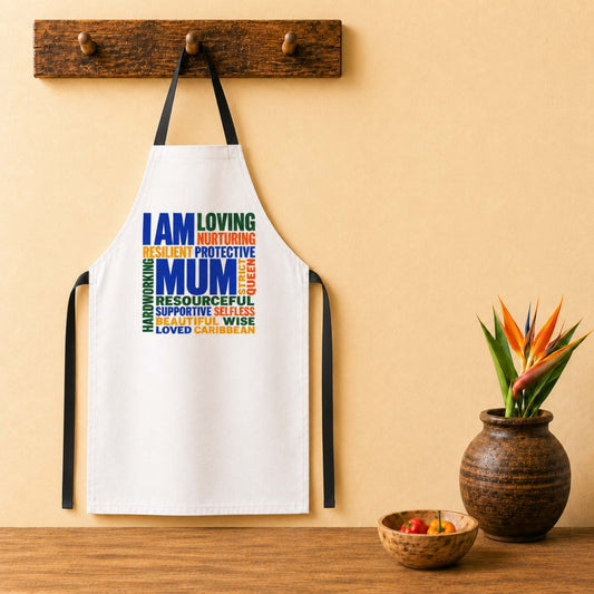 Cool Caribbean Mum apron with colorful I Am Mum word cloud design celebrating Caribbean mothers.