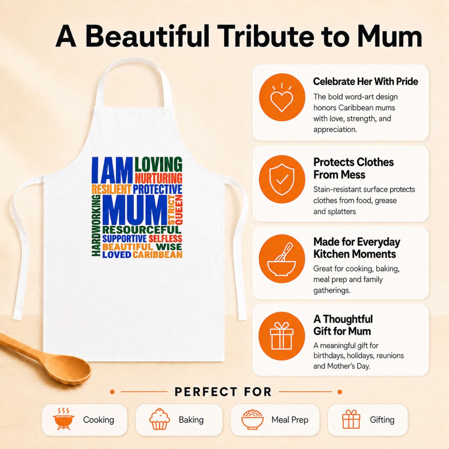 Cool Caribbean Mum apron with colorful I Am Mum word cloud design celebrating Caribbean mothers.