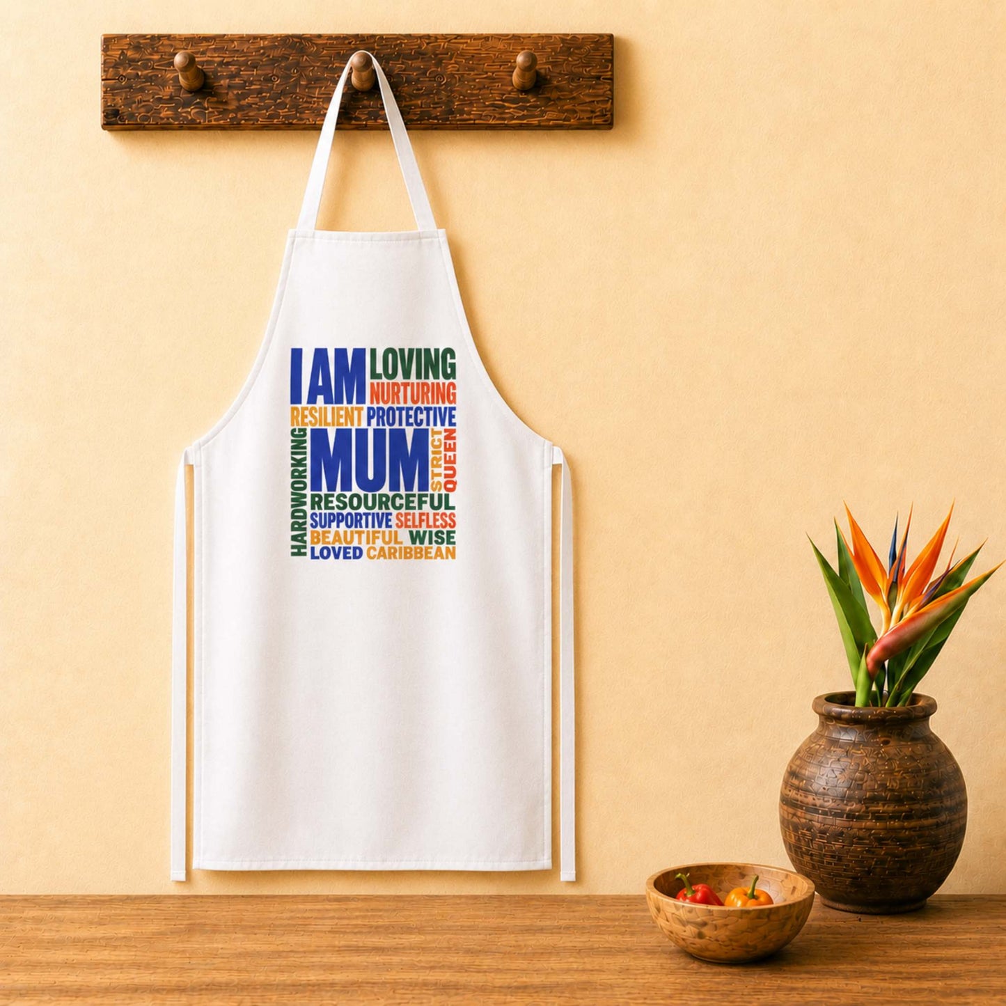 Cool Caribbean Mum apron with colorful I Am Mum word cloud design celebrating Caribbean mothers.