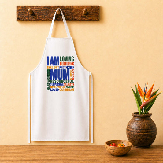 Cool Caribbean Mum apron with colorful I Am Mum word cloud design celebrating Caribbean mothers.