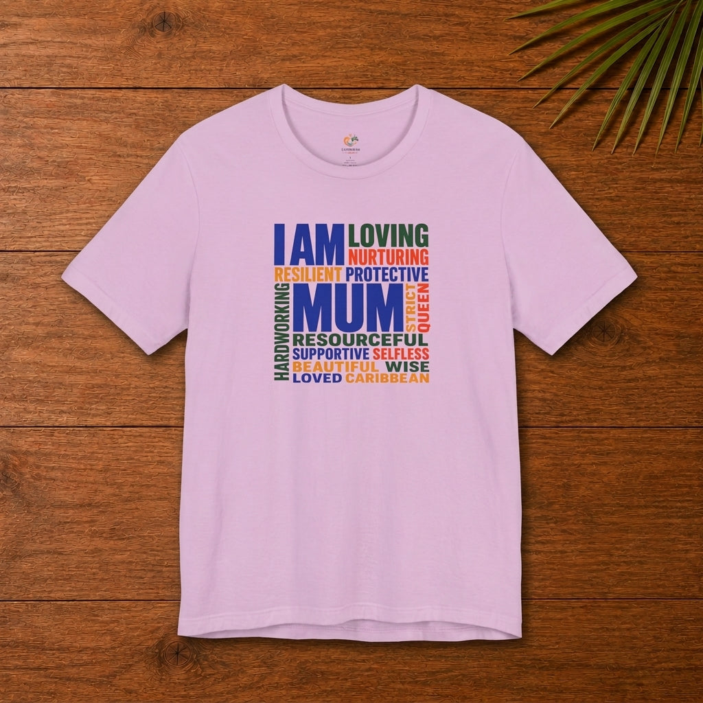 Caribbean Mum Appreciation t-shirt with colorful I Am Mum word cloud design on a lilac shirt.