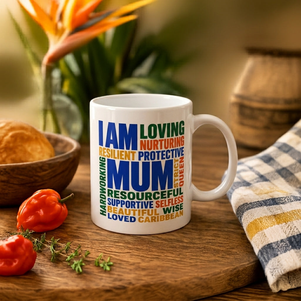 Caribbean Mum Appreciation mug with colorful I Am Mum word cloud design celebrating Caribbean mothers.