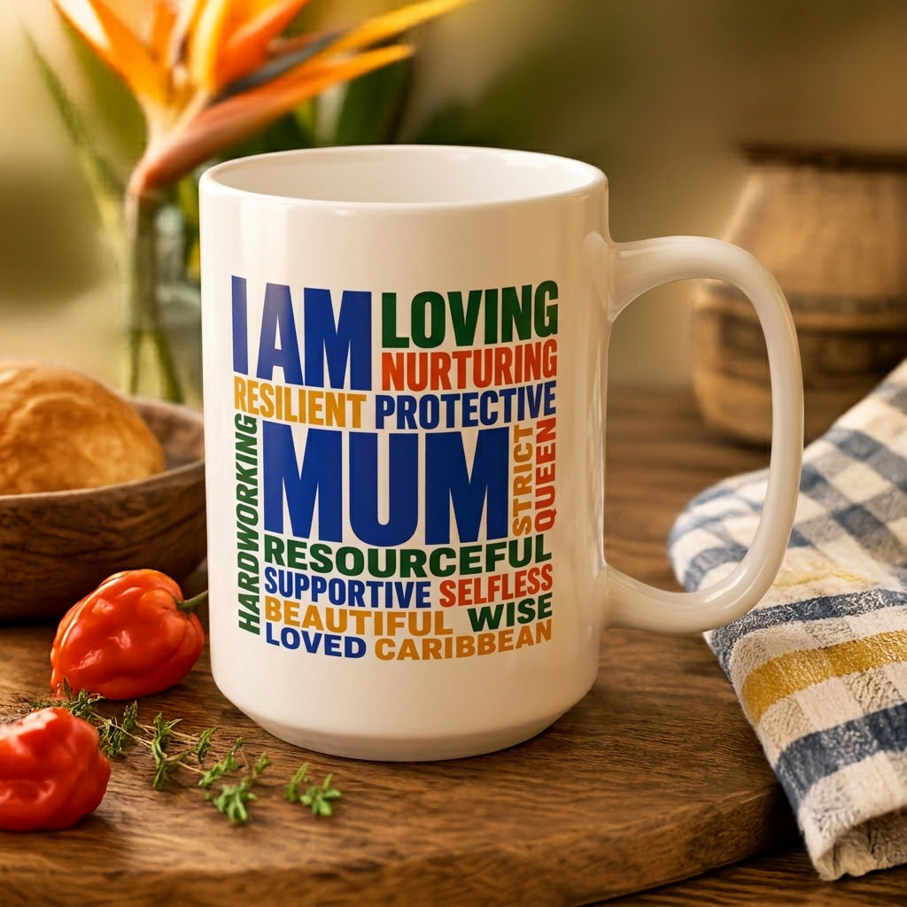 Caribbean Mum Appreciation mug with colorful I Am Mum word cloud design celebrating Caribbean mothers.