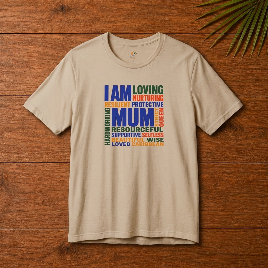 Caribbean Mum Appreciation t-shirt with colorful I Am Mum word cloud design on a tan shirt.