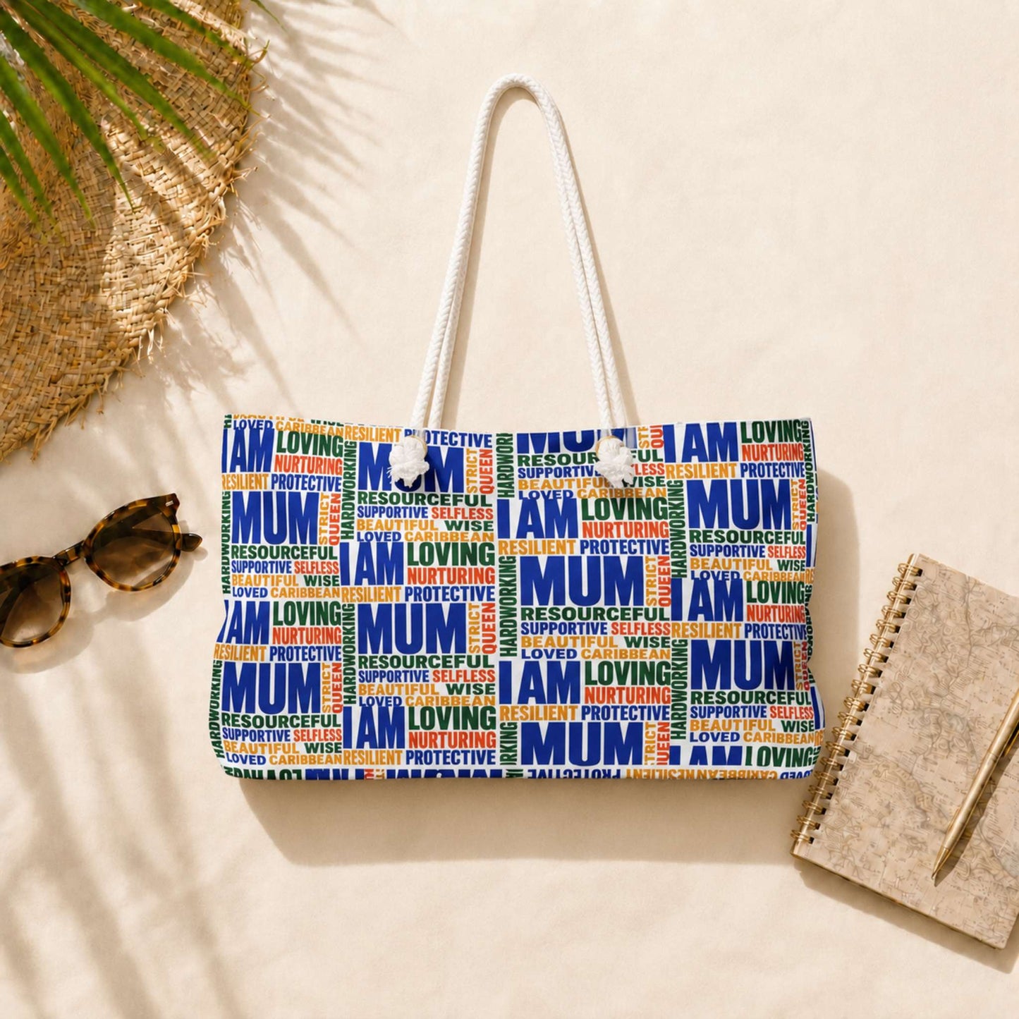 Caribbean Mum Appreciation Weekender Bag with colorful I Am Mum full coverage word cloud design 