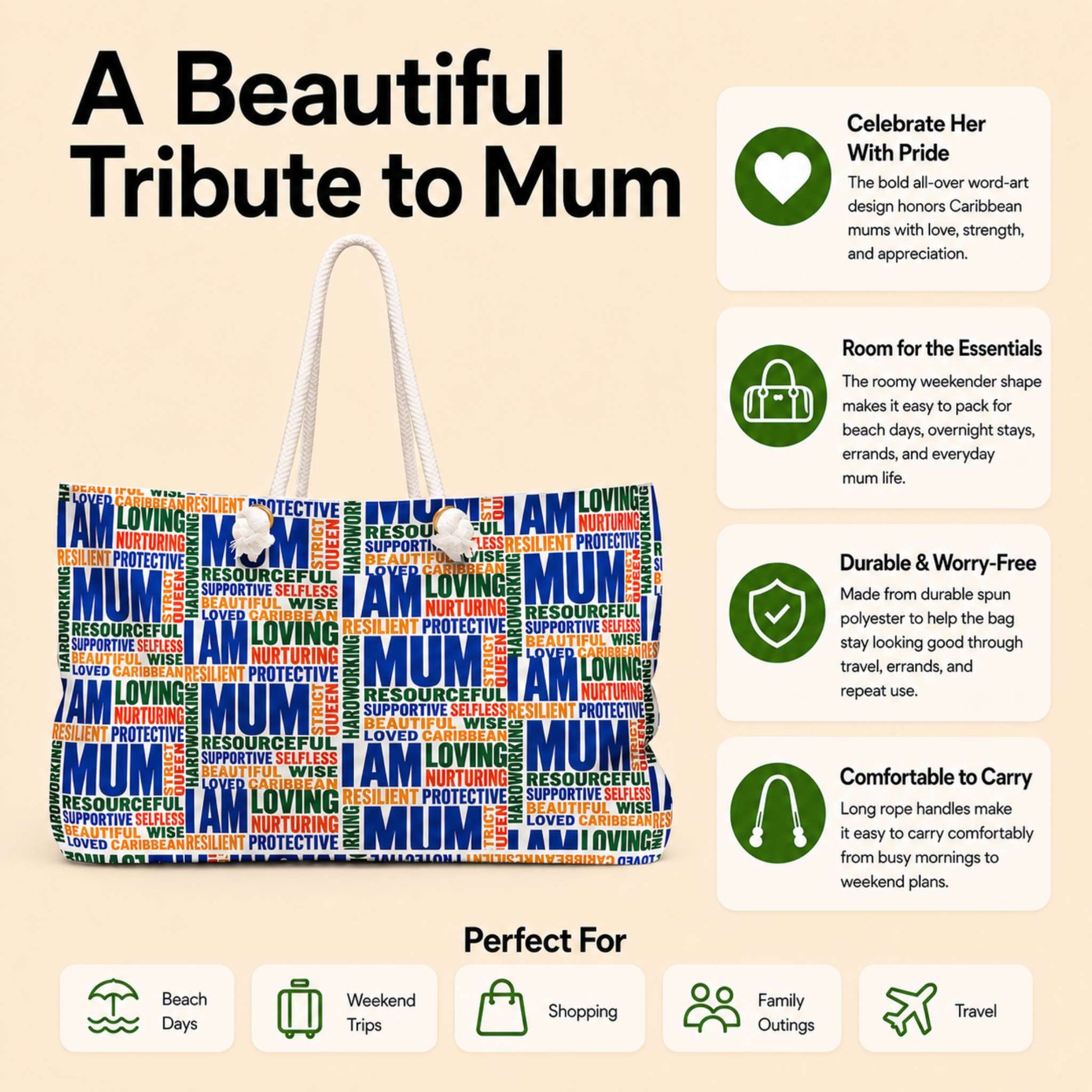 Caribbean Mum Appreciation Weekender Bag with colorful I Am Mum full coverage word cloud design 