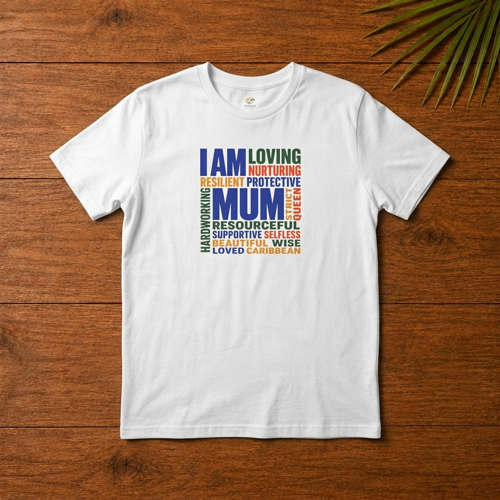 Caribbean Mum Appreciation t-shirt with colorful I Am Mum word cloud design on a white shirt.