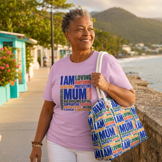 Caribbean Mum Appreciation Weekender Bag with colorful I Am Mum full coverage word cloud design with matching Caribbean Mum Appreciation t-shirt 