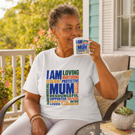 Caribbean Mum Appreciation mug with colorful I Am Mum word cloud design celebrating Caribbean mothers with matching t-shirt